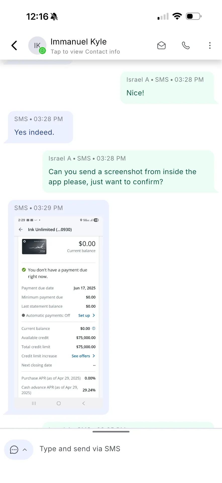 Client texts confirming a $75,000 Ink Unlimited approval