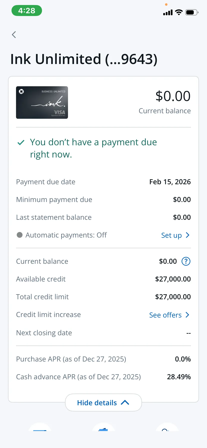 Ink Unlimited approval with a $27,000 limit at 0% purchase APR