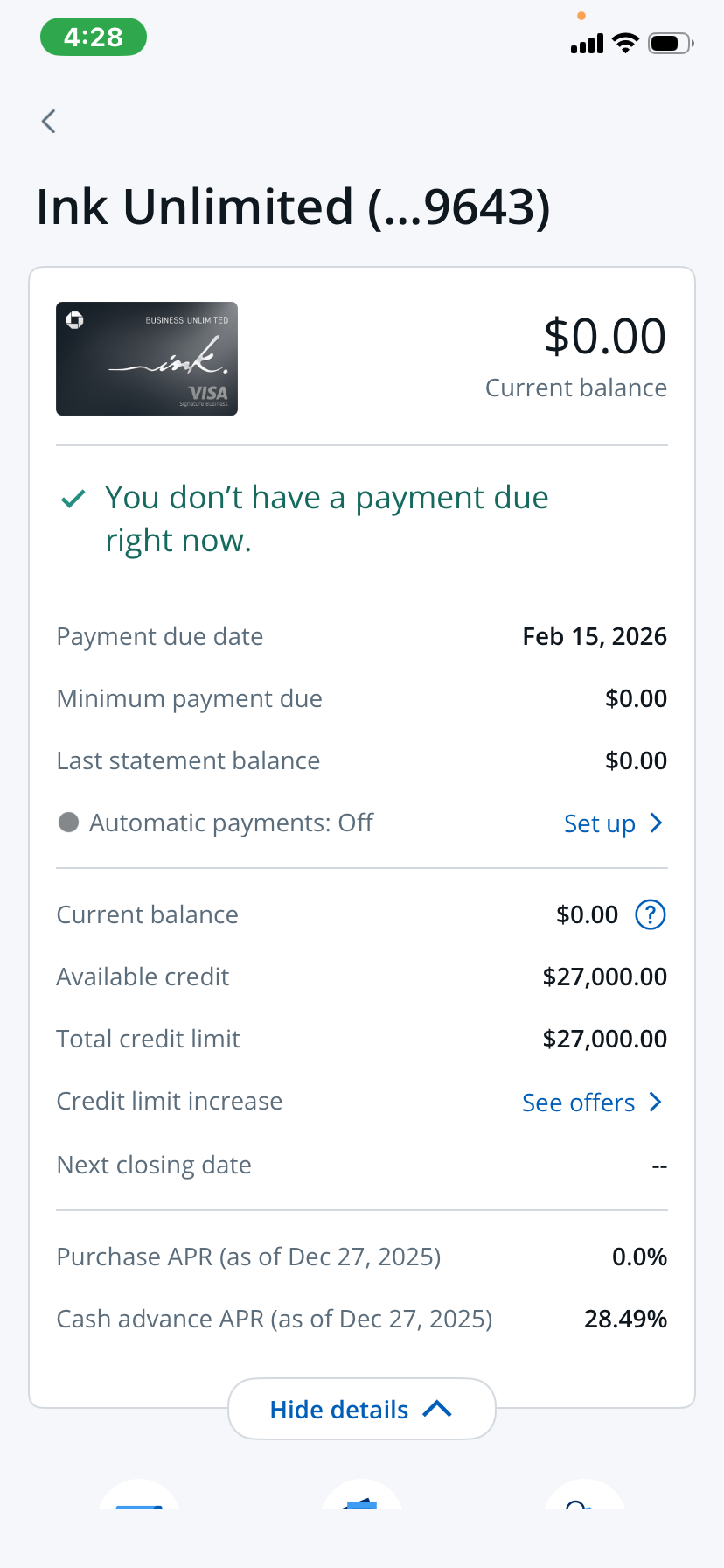 Ink Unlimited approval with a $27,000 limit at 0% purchase APR
