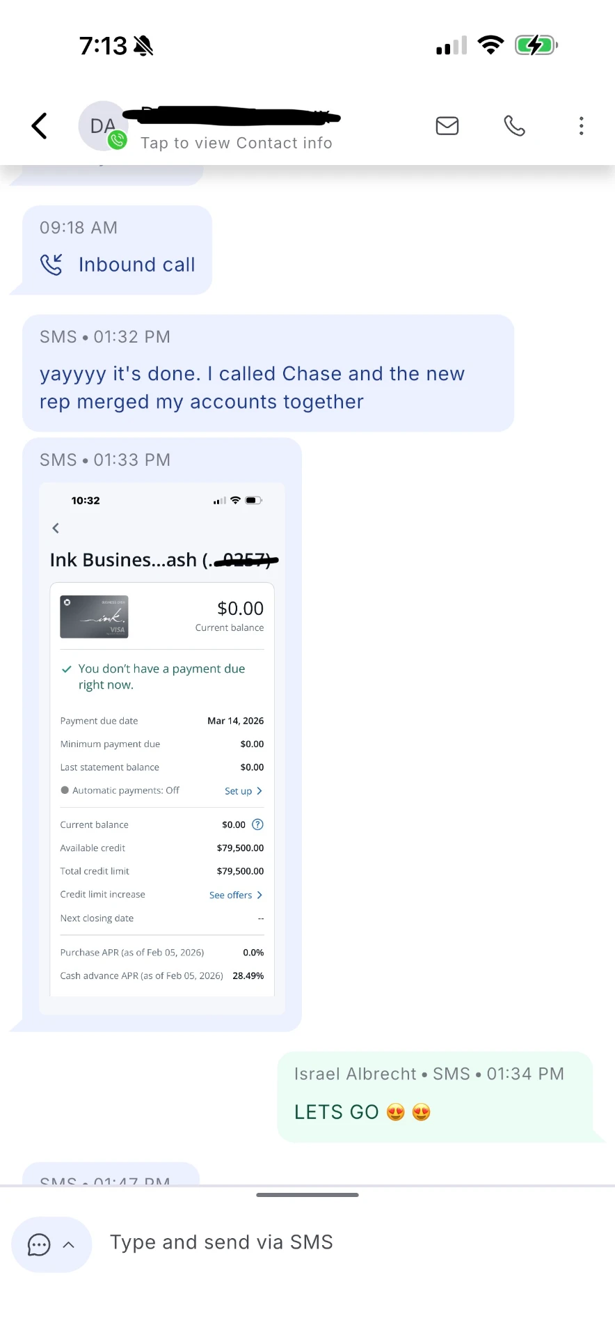 Client texts celebrating merged Chase accounts totaling $79,500