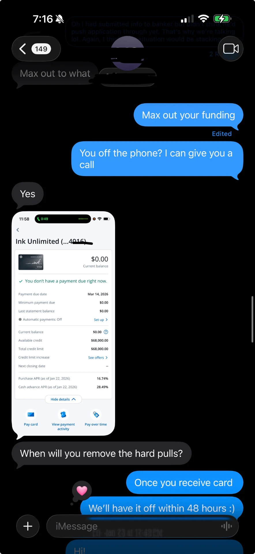 Client texts sharing an Ink Unlimited account with a $68,000 limit