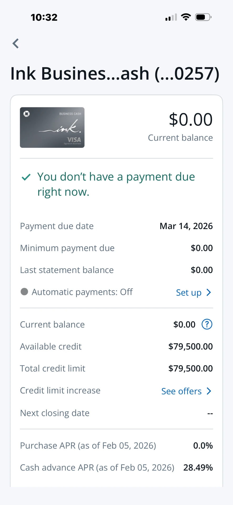 Ink Business Cash account showing a $79,500 total credit limit