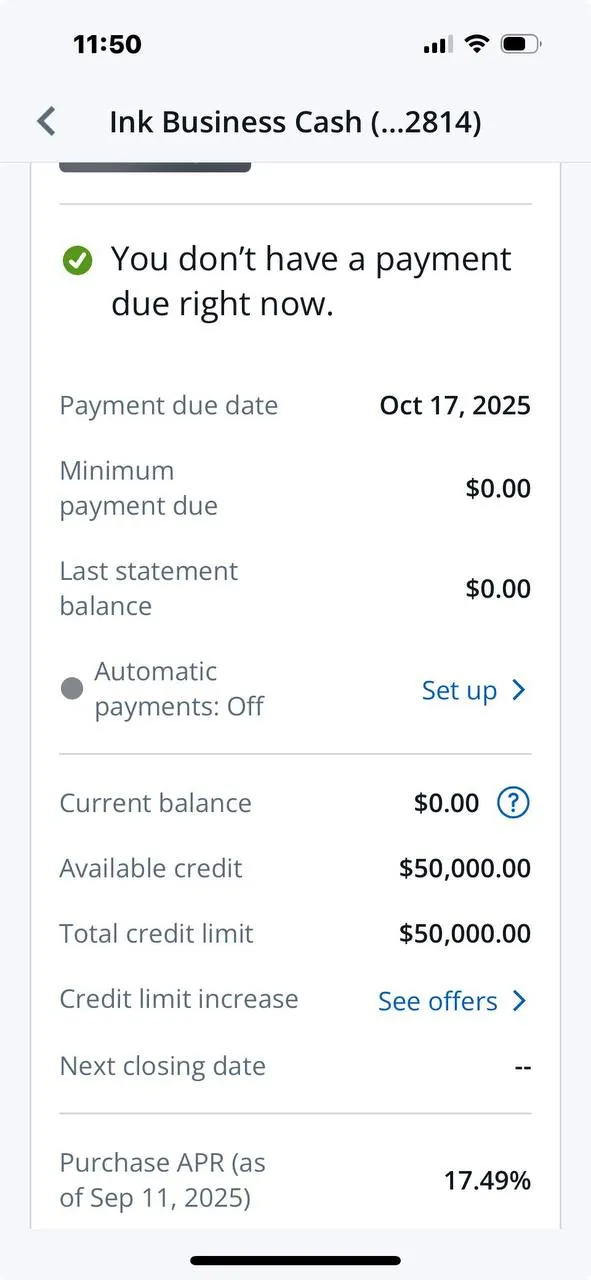 Chase Ink Business Cash approval with a $50,000 credit limit