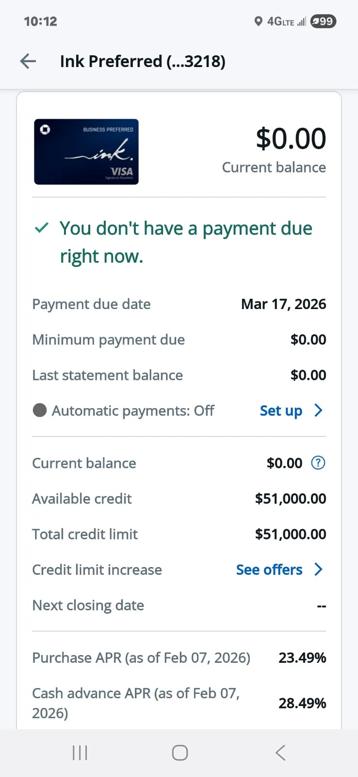Ink Preferred account with a $51,000 total credit limit