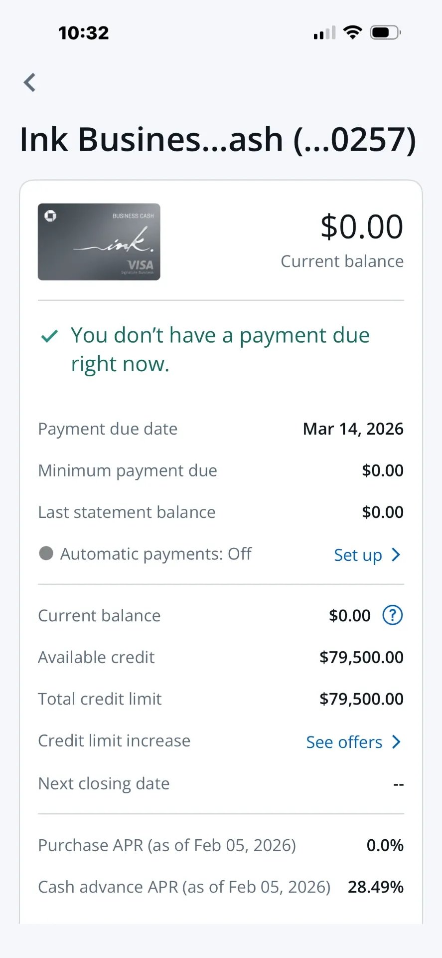 Ink Business Cash account showing a $79,500 total credit limit