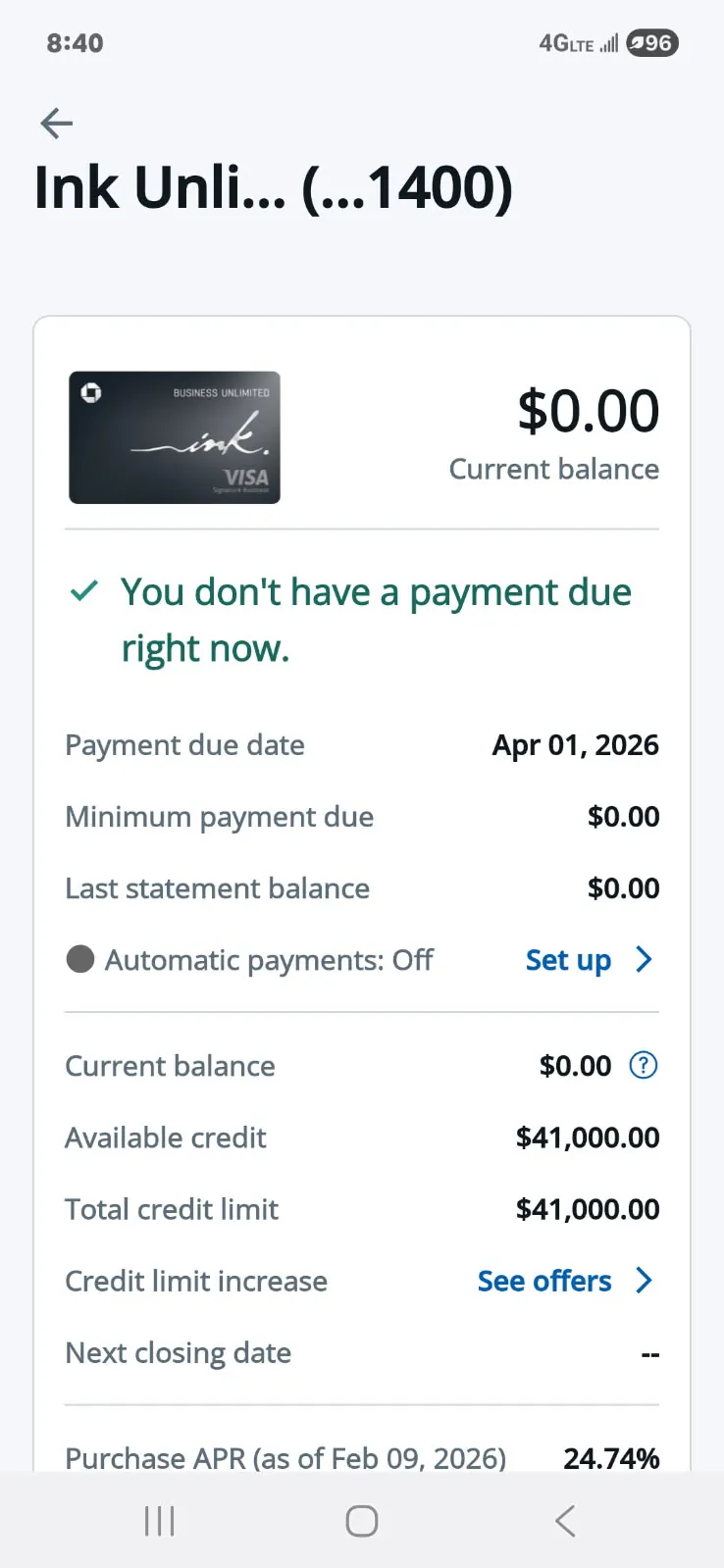 Ink Unlimited account with a $41,000 total credit limit
