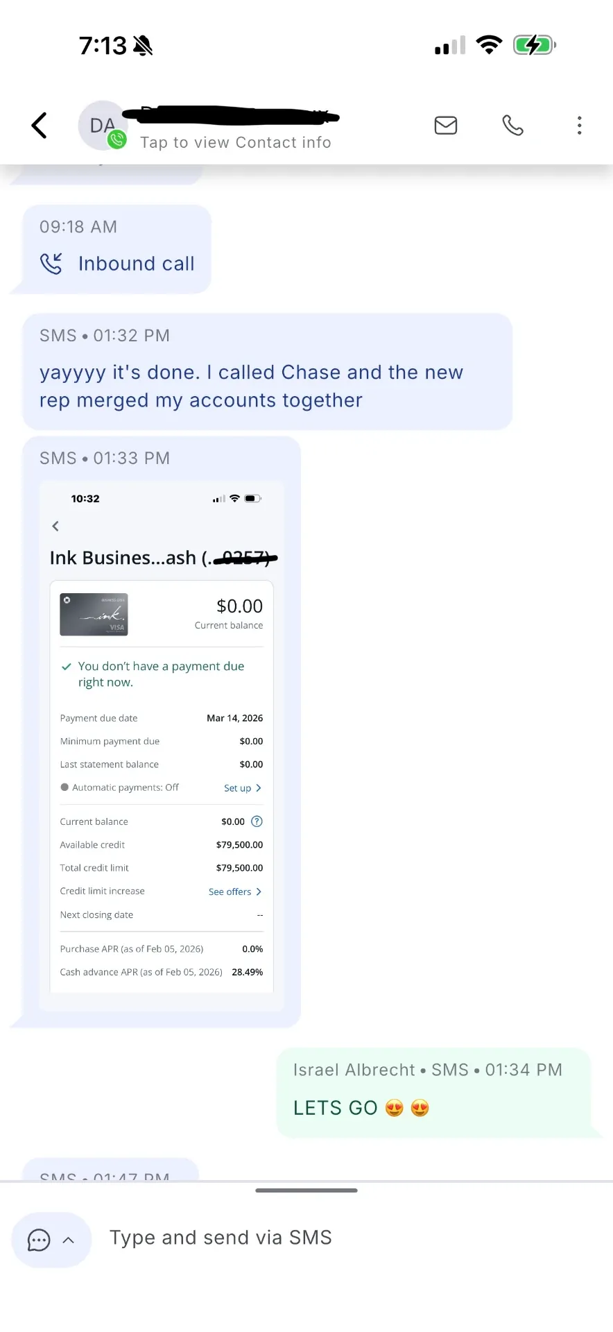 Client texts celebrating merged Chase accounts totaling $79,500