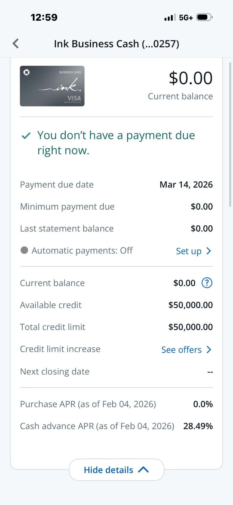 Ink Business Cash account with a $50,000 limit at 0% purchase APR