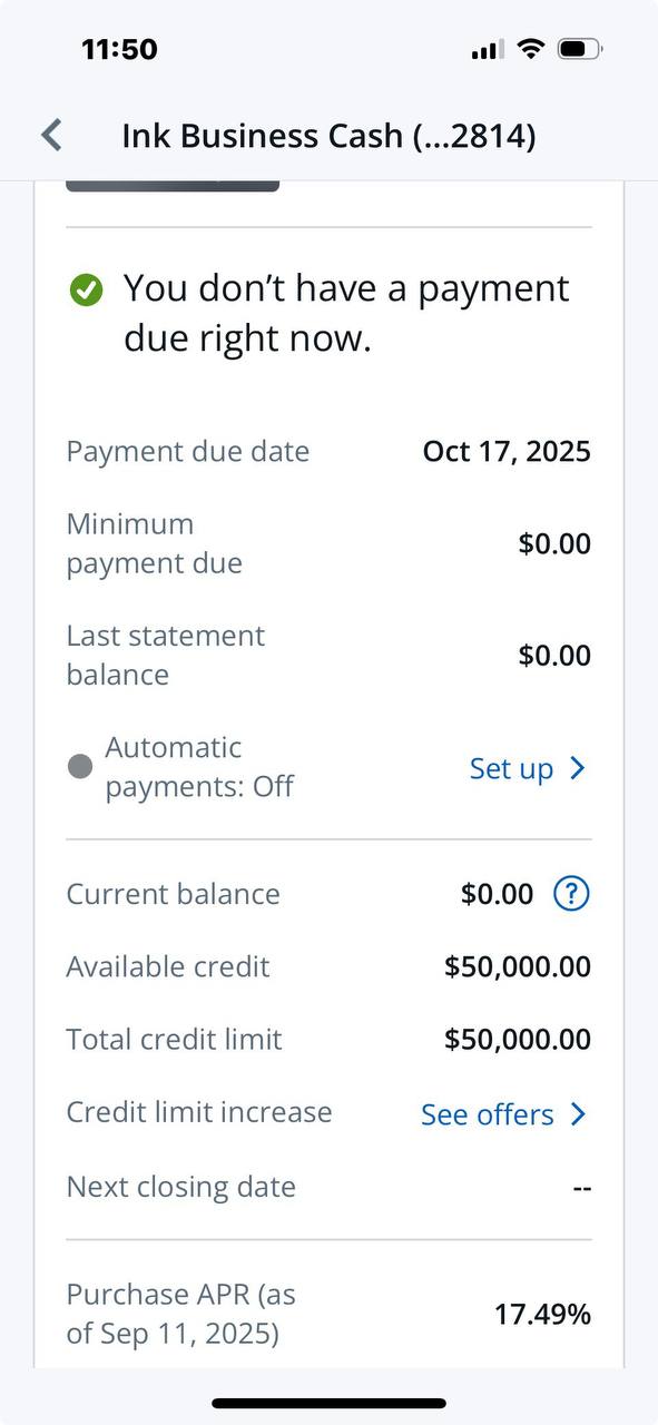 Chase Ink Business Cash approval with a $50,000 credit limit