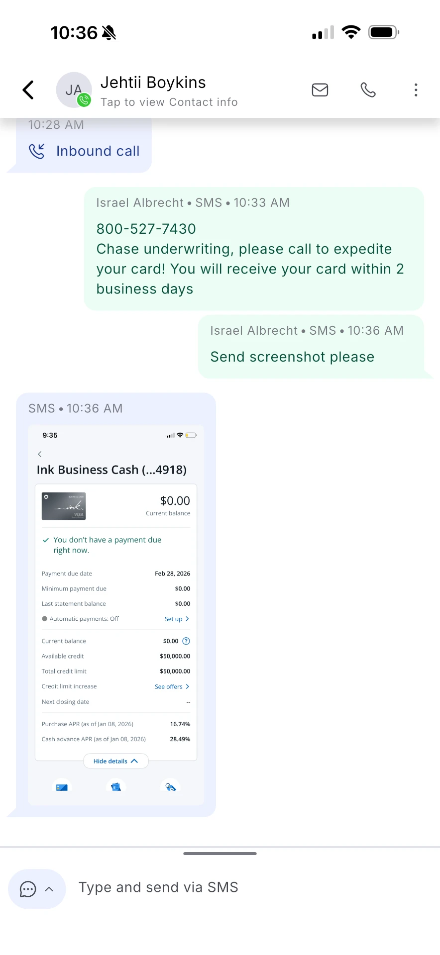 Client texts sharing an Ink Business Cash approval for $50,000