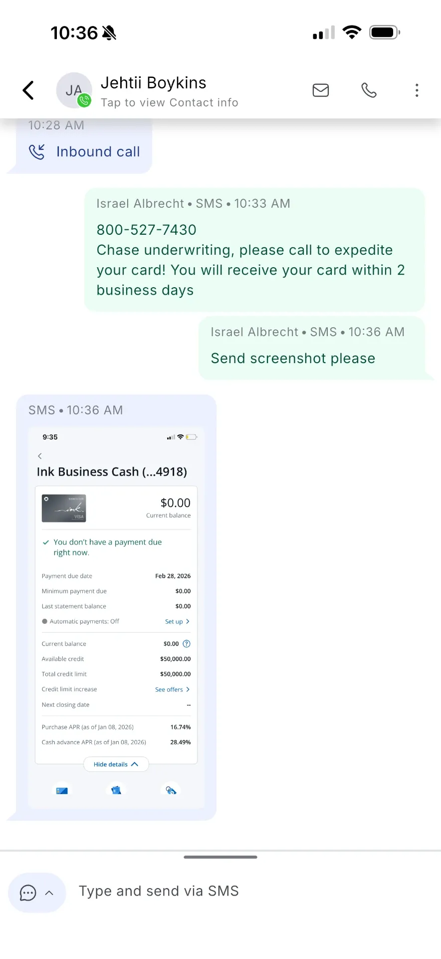 Client texts sharing an Ink Business Cash approval for $50,000