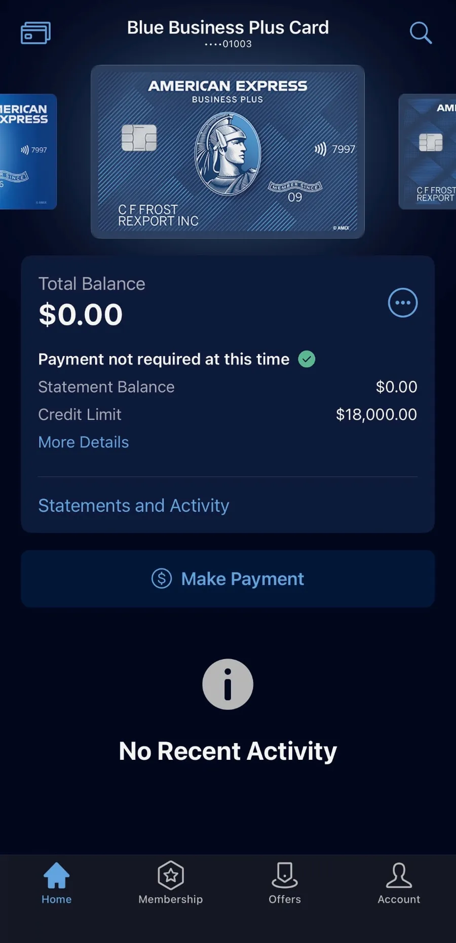 Amex Blue Business Plus card with an $18,000 credit limit