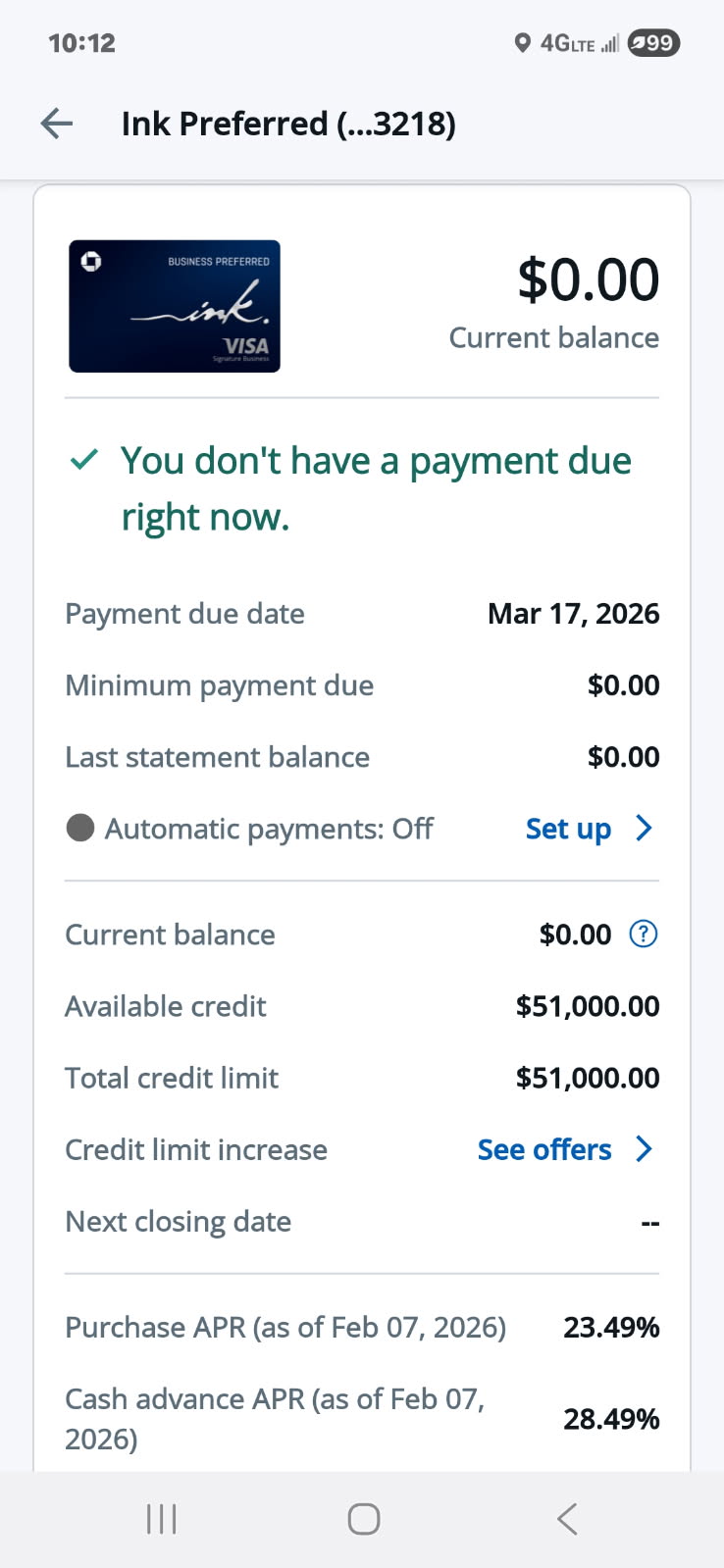 Ink Preferred account with a $51,000 total credit limit