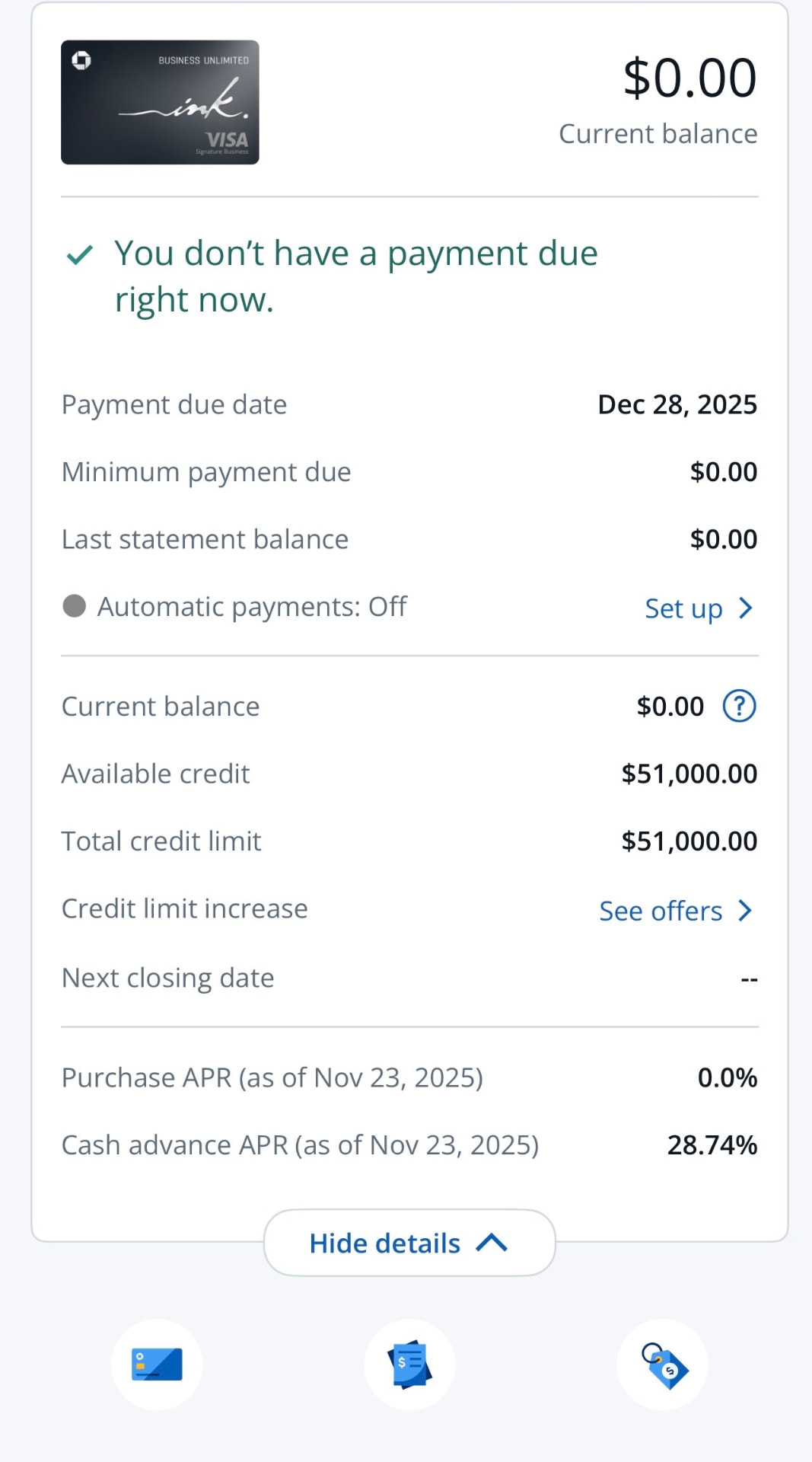 Ink Unlimited account showing a $51,000 limit at 0% APR