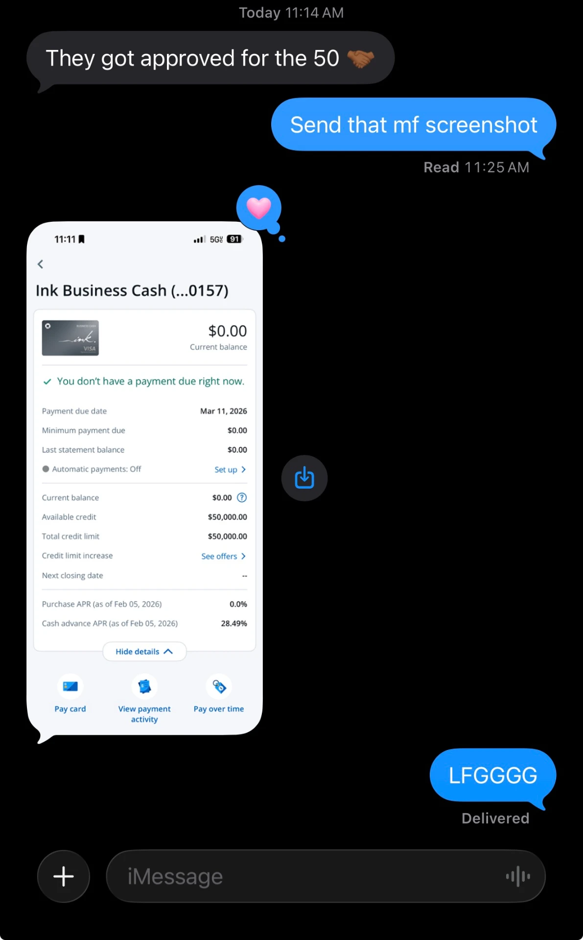 Client texts: approved for $50,000 on Ink Business Cash