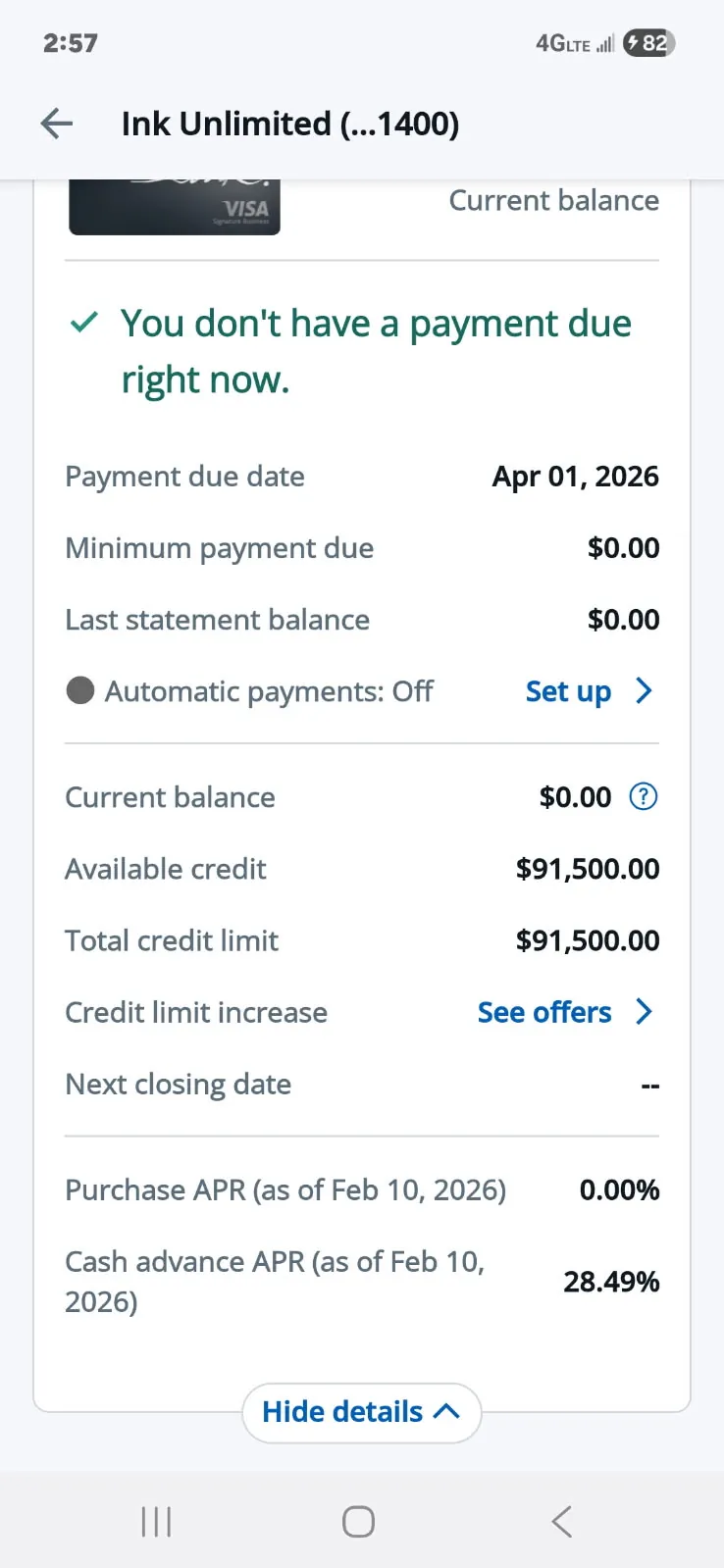 Ink Unlimited account showing a $91,500 limit at 0% APR