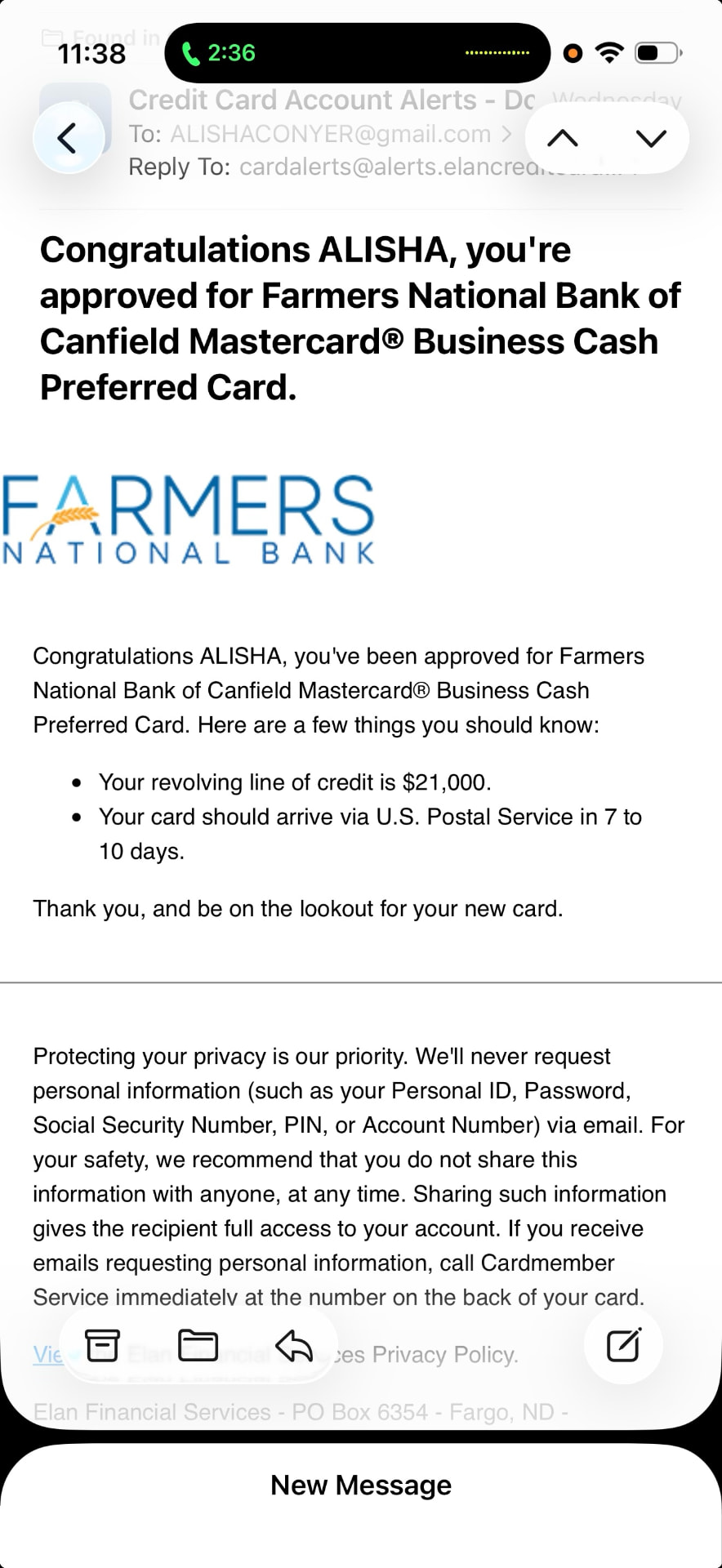 Farmers National Bank business card approval for a $21,000 line