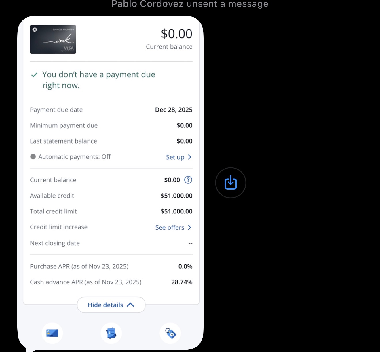 Ink Unlimited account showing a $51,000 limit at 0% APR