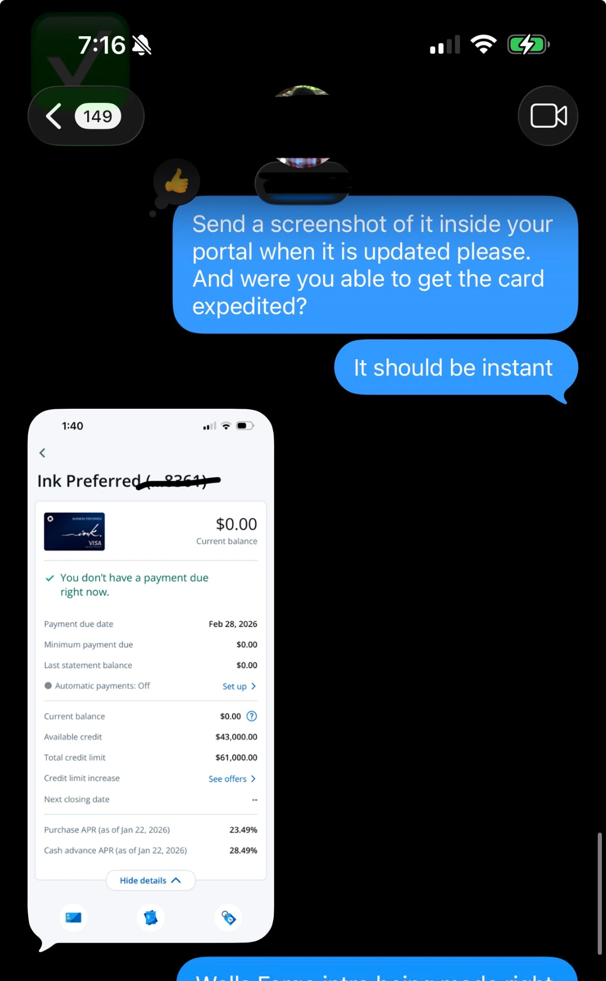 Client texts showing a $61,000 Ink Preferred approval