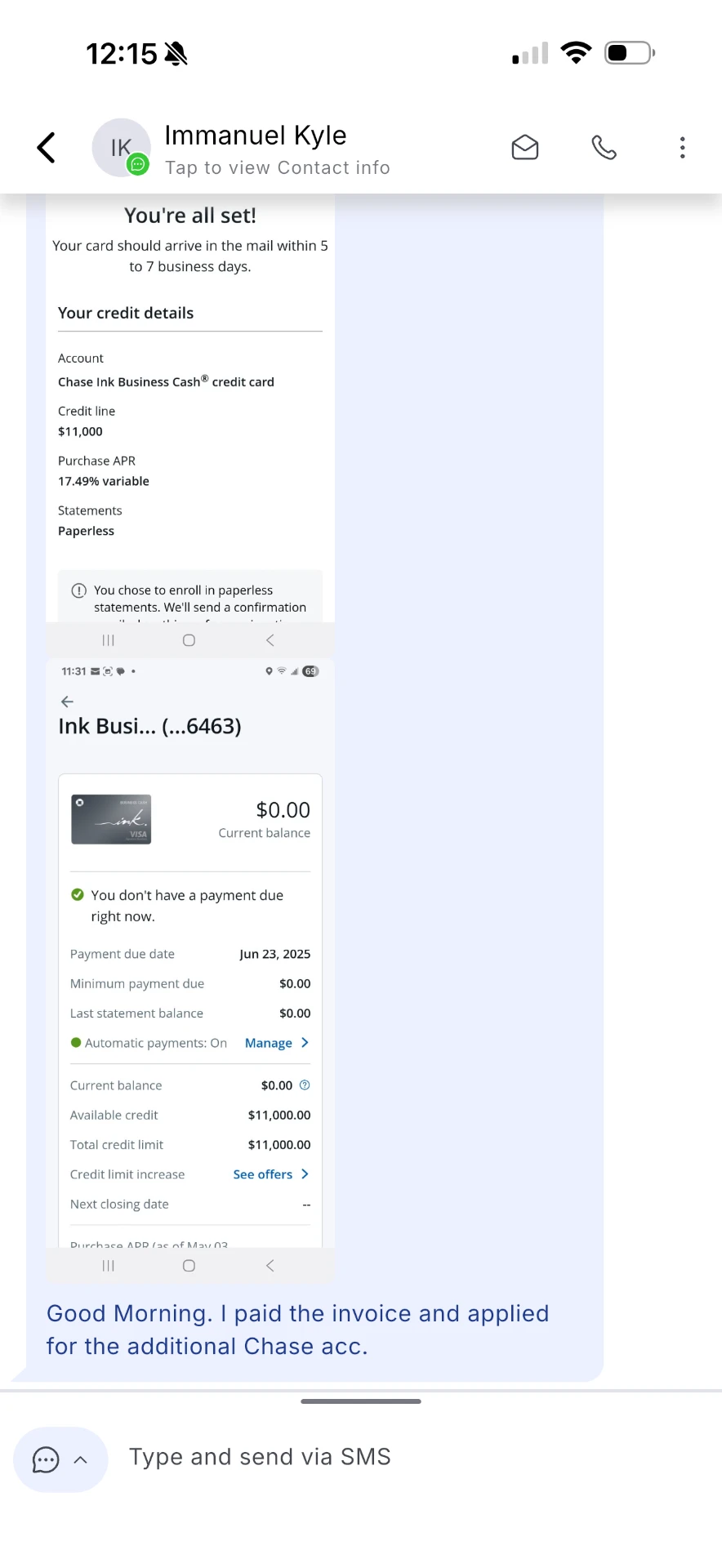 Client message confirming a new Chase Ink Business Cash account