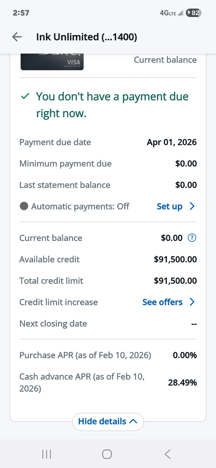 Ink Unlimited account showing a $91,500 limit at 0% APR