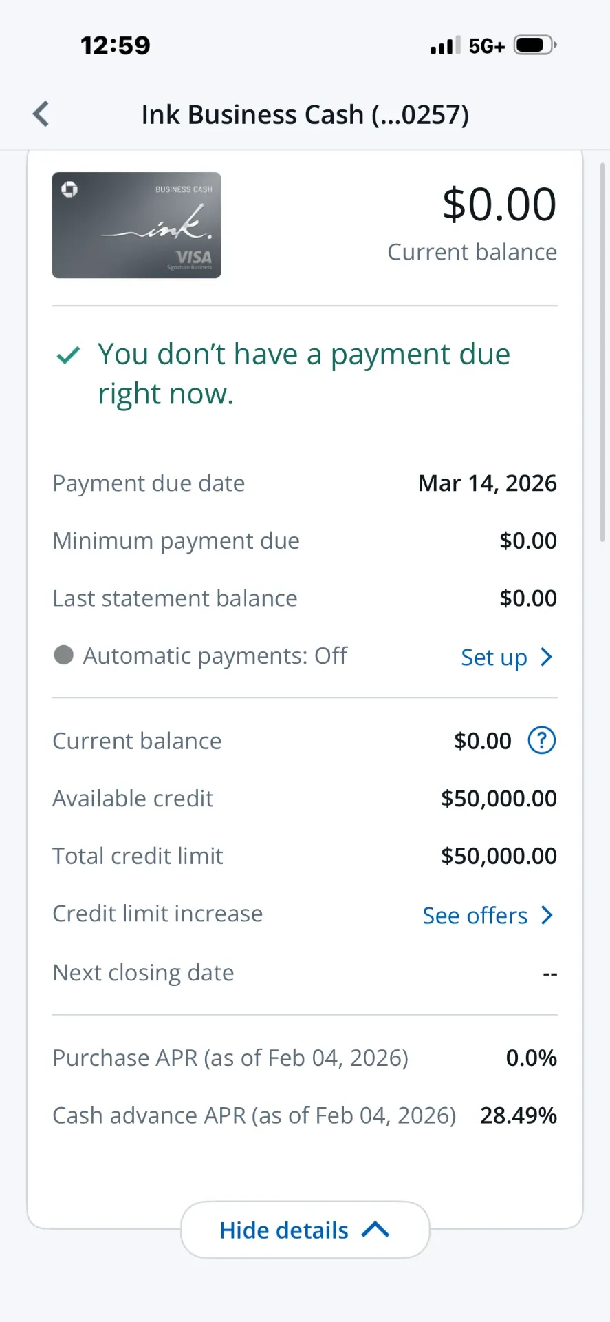 Ink Business Cash account with a $50,000 limit at 0% purchase APR
