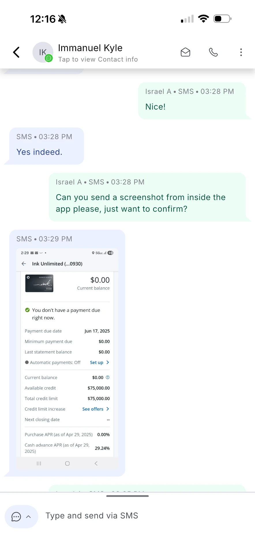 Client texts confirming a $75,000 Ink Unlimited approval