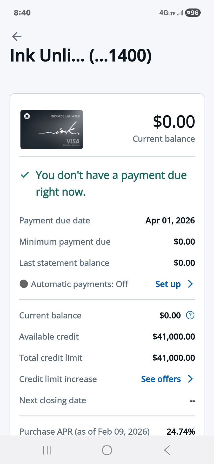 Ink Unlimited account with a $41,000 total credit limit
