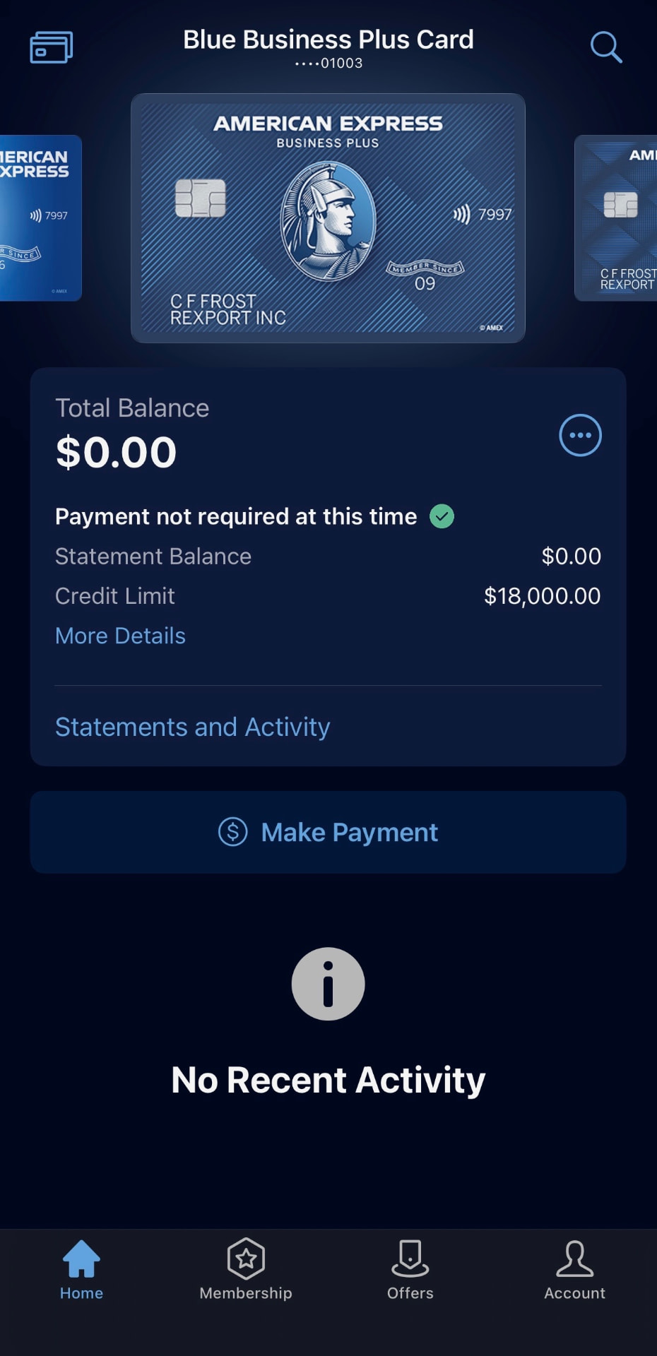 Amex Blue Business Plus card with an $18,000 credit limit
